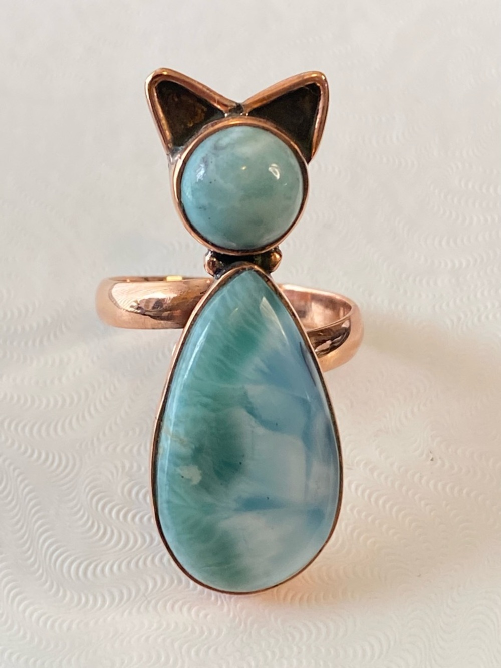 Solid Copper Blue Larimar Cat Statement Adjustable Ring Kitty